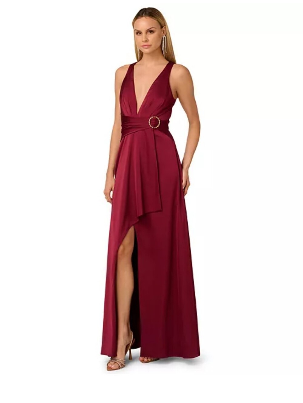 NWT Adrianna Papell Size 12 Crimson Satin Maxi Dress Plunge Neck Belt Formal